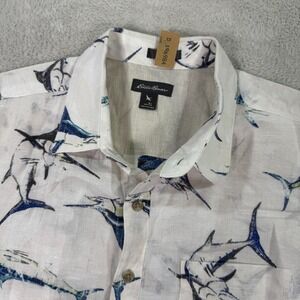 Eddie Bauer Shirt Men's Large Tall White Fish Print Short Sleeve Button Down EUC